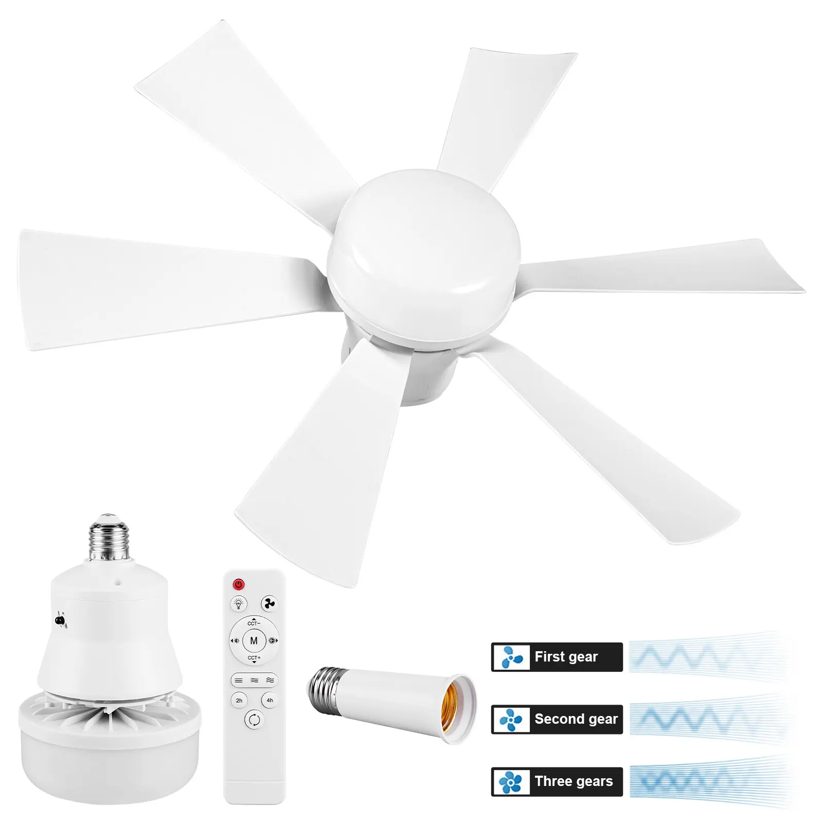Socket Fan Light with Remote Ceiling Fan with Light 3 Speeds Dimmable with Extender & 6 Blades for Bedroom Kitchen Living Room