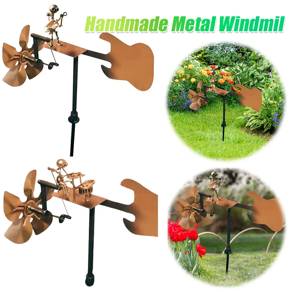 Metal Figurines Handmade Guitar Windmill Metal Guitar Windmill Statue for Garden Yard Patio Lawn Porch Backyard