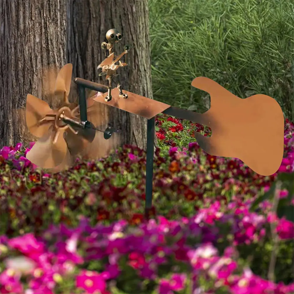 Metal Figurines Handmade Guitar Windmill Metal Guitar Windmill Statue for Garden Yard Patio Lawn Porch Backyard