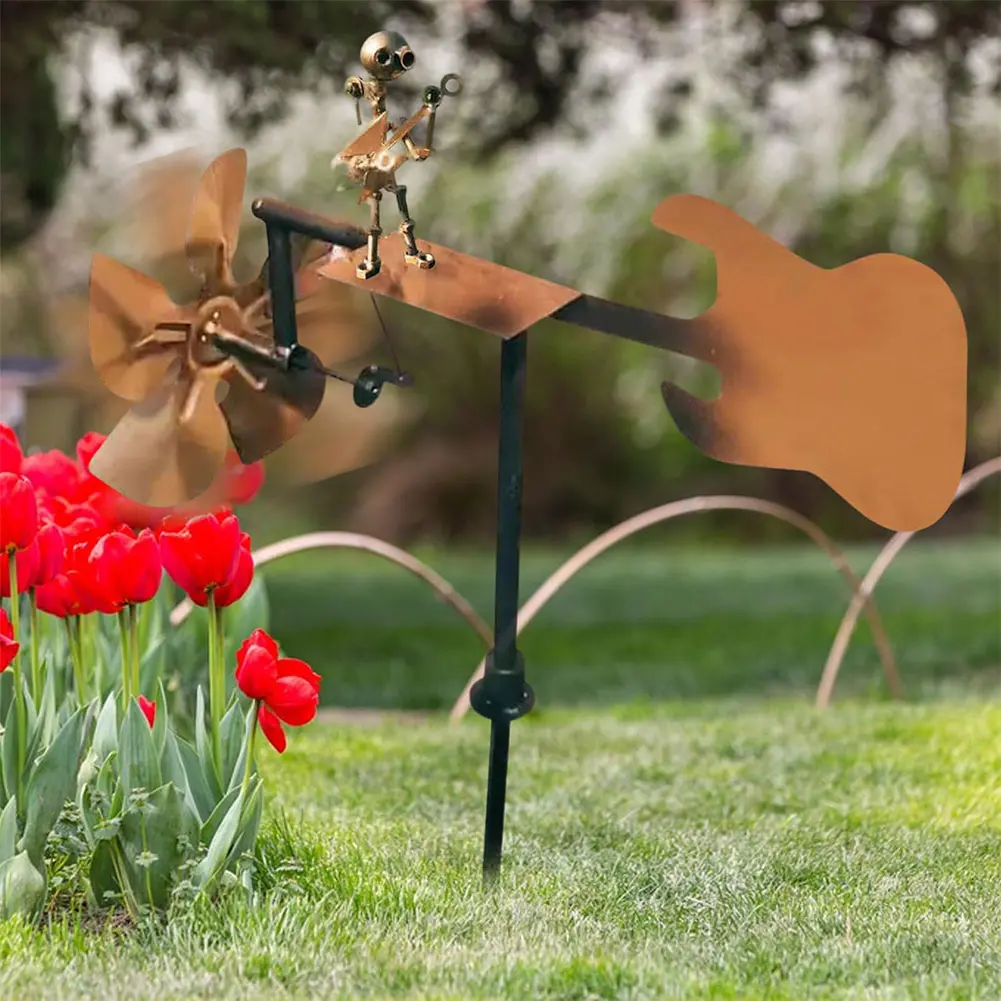 Metal Figurines Handmade Guitar Windmill Metal Guitar Windmill Statue for Garden Yard Patio Lawn Porch Backyard