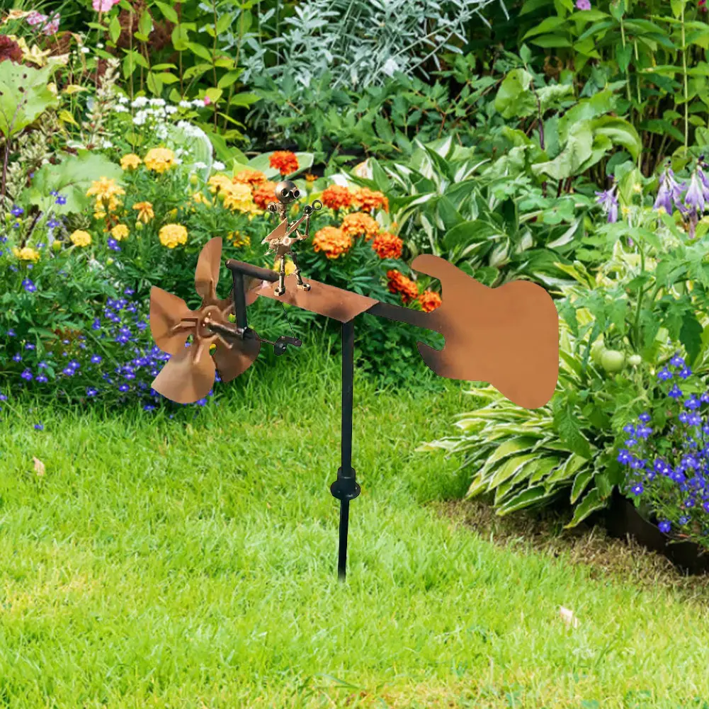 Metal Figurines Handmade Guitar Windmill Metal Guitar Windmill Statue for Garden Yard Patio Lawn Porch Backyard