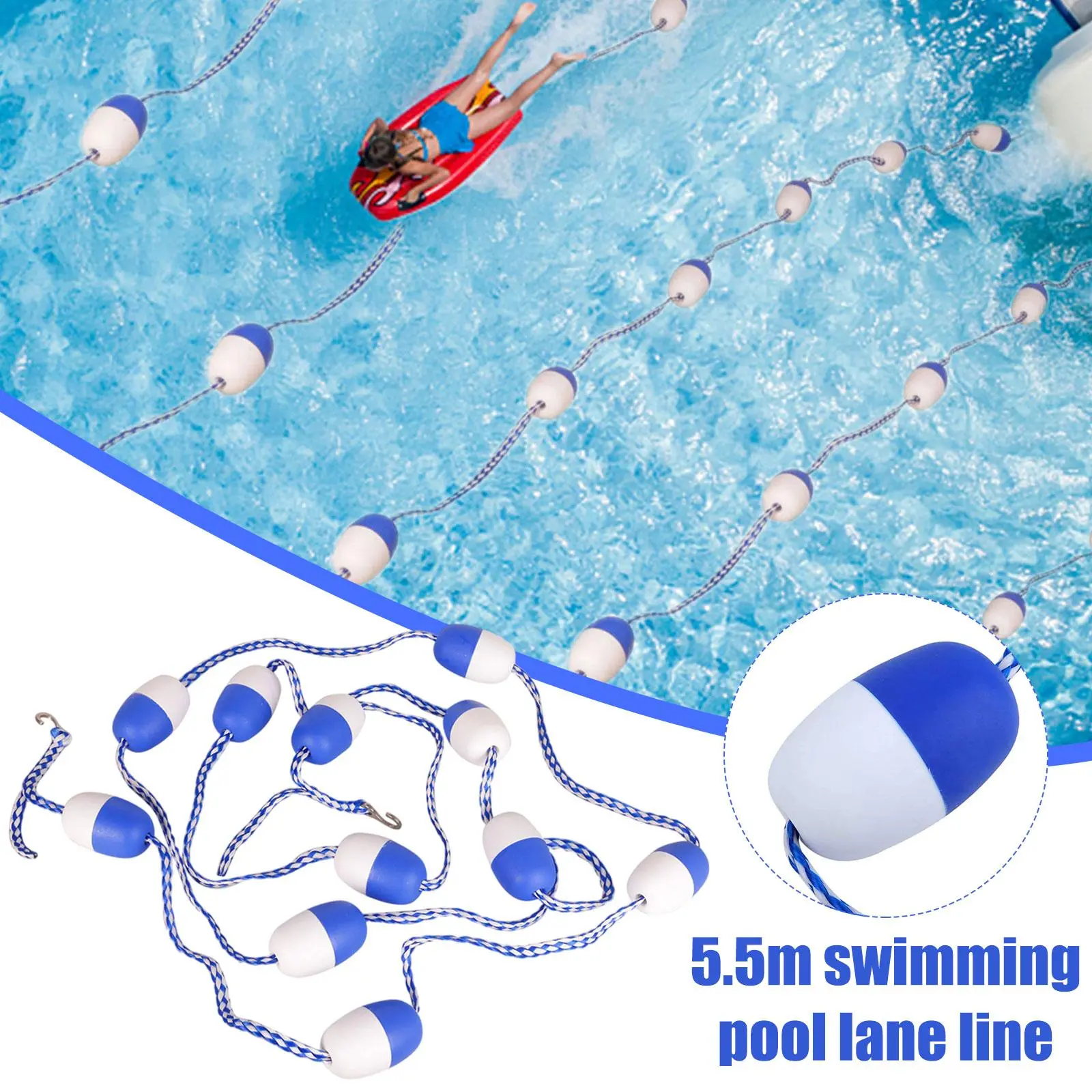 5.5m Swimming Pool Safety Divider Rope with 11 Floats & 2 Hooks Swimming Pool Lane Line Rope for Swimming Competition
