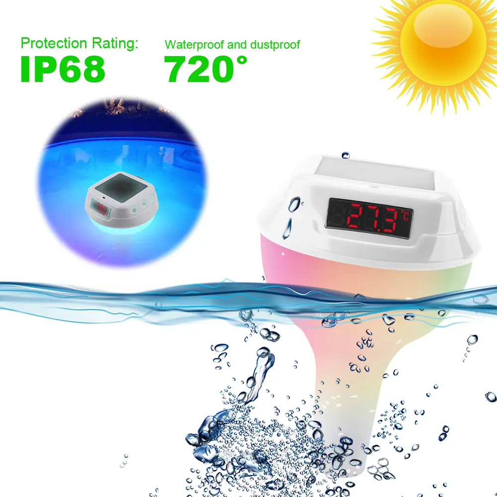 Solar Powered Outdoor Pool Thermometer Waterproof Timing Pool Thermometer with RGB Light Water Temperature Meter Pool Supplies