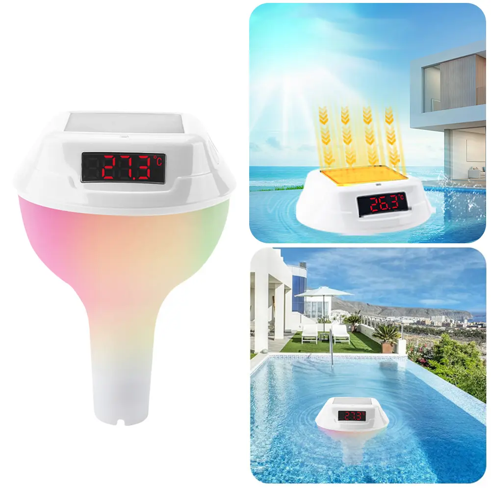 Solar Powered Outdoor Pool Thermometer Waterproof Timing Pool Thermometer with RGB Light Water Temperature Meter Pool Supplies