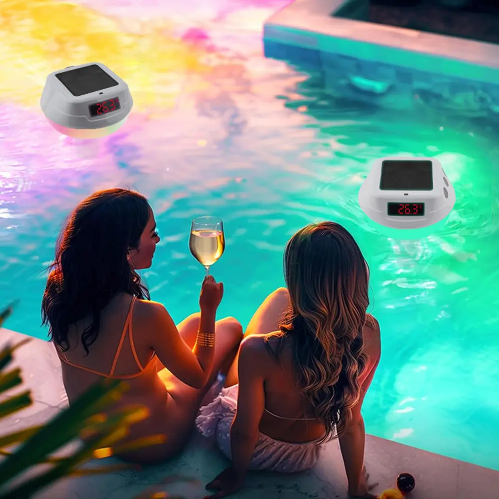 Solar Powered Outdoor Pool Thermometer Waterproof Timing Pool Thermometer with RGB Light Water Temperature Meter Pool Supplies
