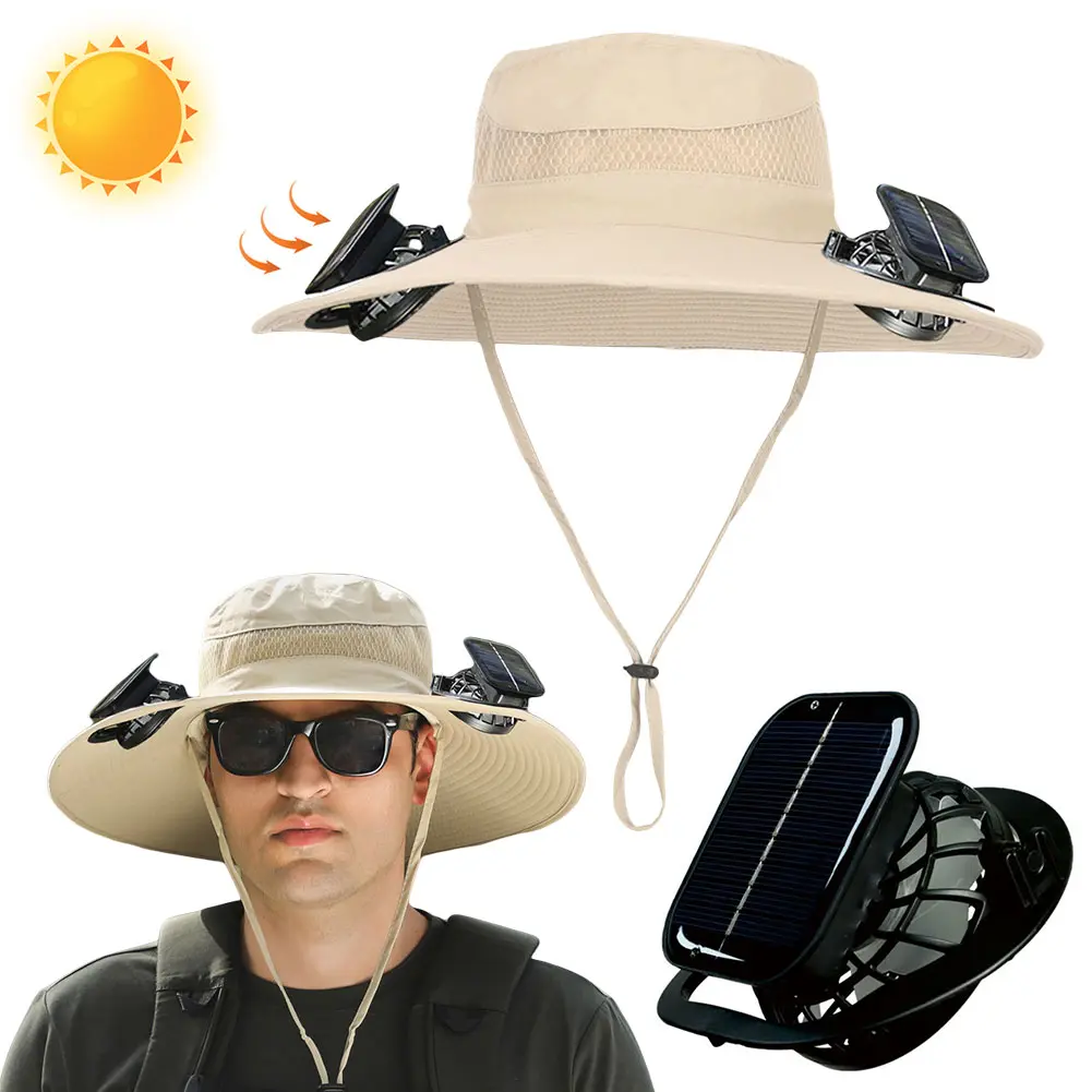 Solar Fan Hat Wide Brim Bucket Hat with 2 Solar Fan Fisherman Hat Summer Cap for Men Outdoor Camping Fishing Hiking