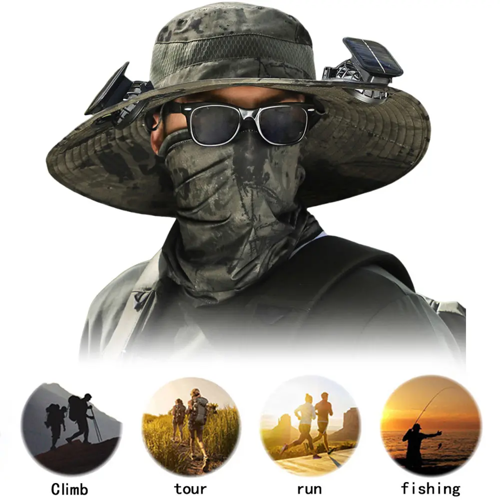 Solar Fan Hat Wide Brim Bucket Hat with 2 Solar Fan Fisherman Hat Summer Cap for Men Outdoor Camping Fishing Hiking