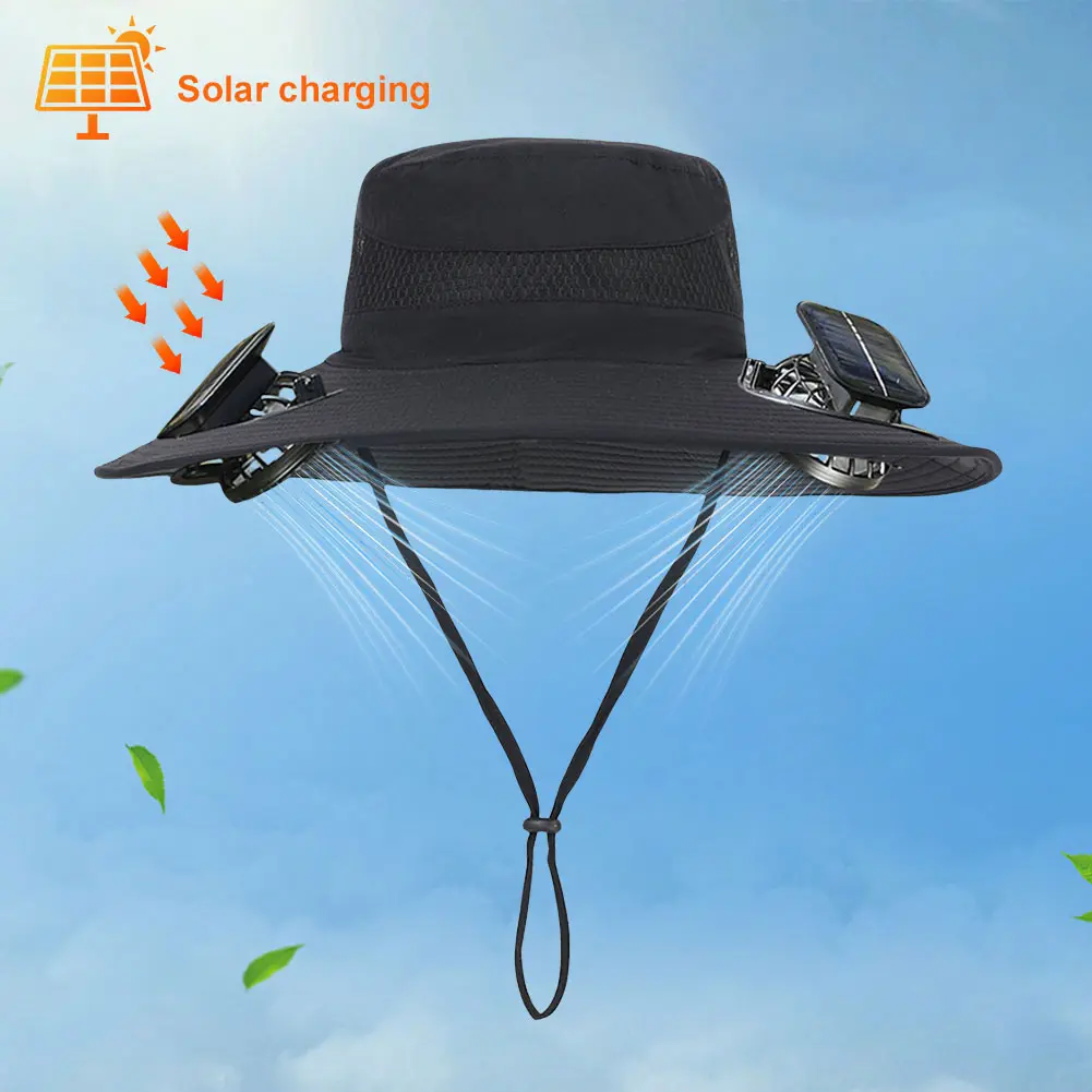 Solar Fan Hat Wide Brim Bucket Hat with 2 Solar Fan Fisherman Hat Summer Cap for Men Outdoor Camping Fishing Hiking
