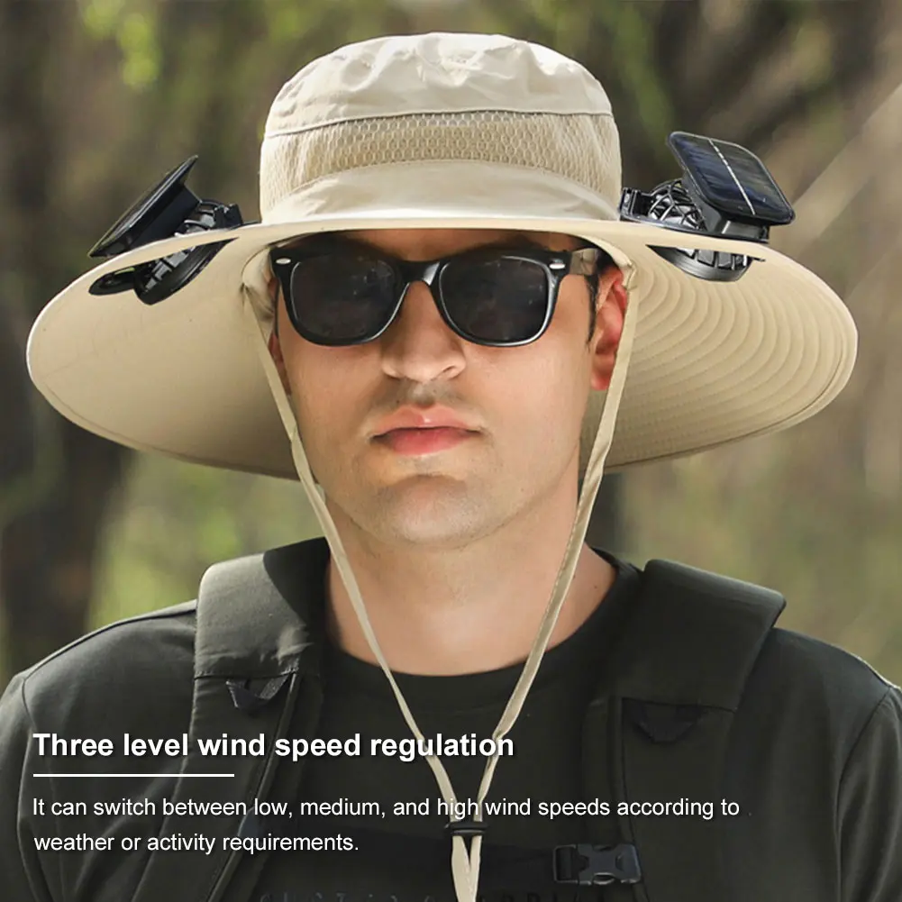 Solar Fan Hat Wide Brim Bucket Hat with 2 Solar Fan Fisherman Hat Summer Cap for Men Outdoor Camping Fishing Hiking