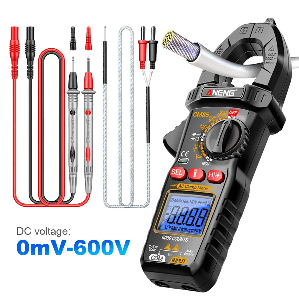 AC/DC Clamp Meter with Cable NCV Voltage Detection Tool Digital Display Professional 600A Digital Multimeter for Home Office Use