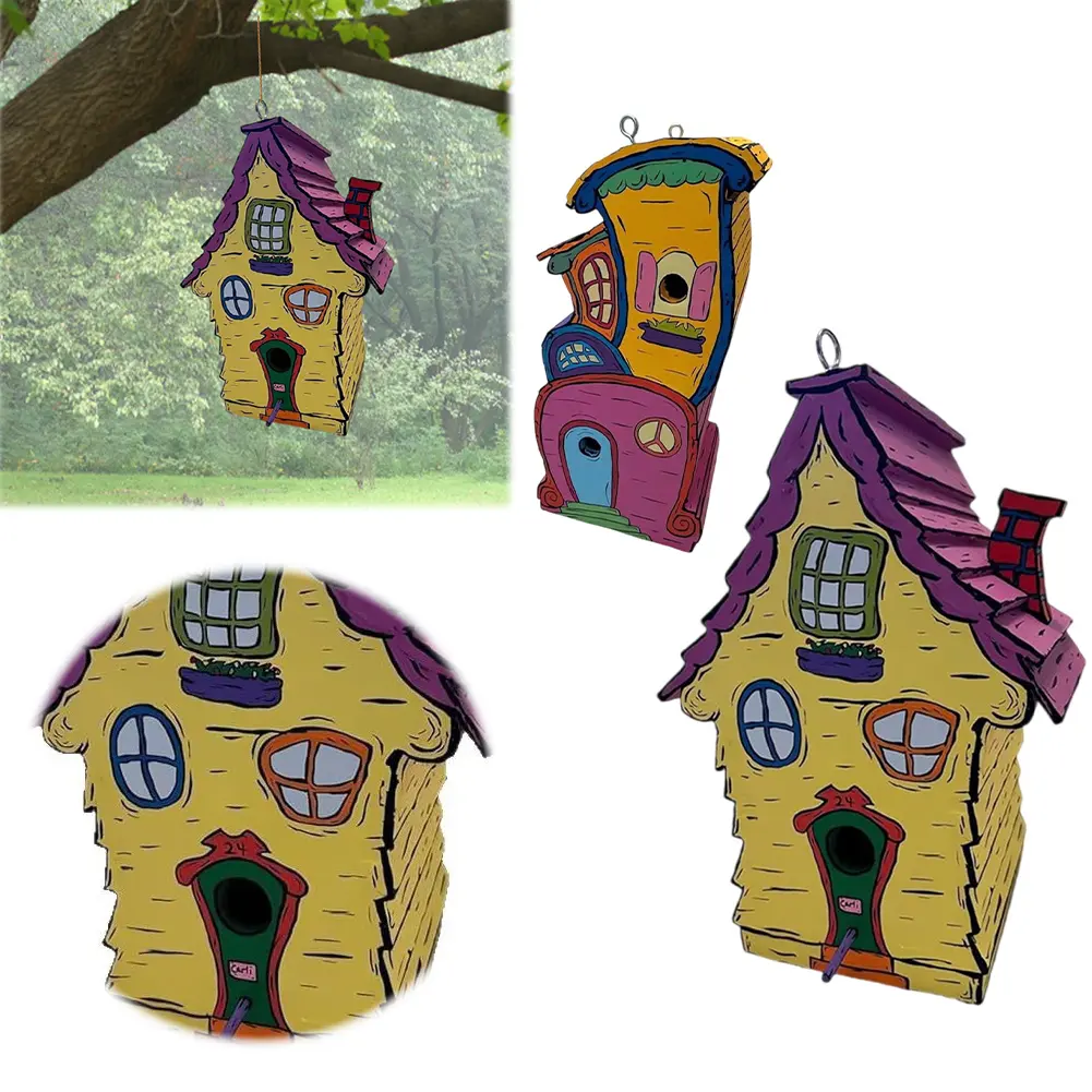 Cartoon Paint Bird Nest with Perch Handmade Wood Birdhouse Breathable Warm Bird Resting Place for Home Garden Patio Decor