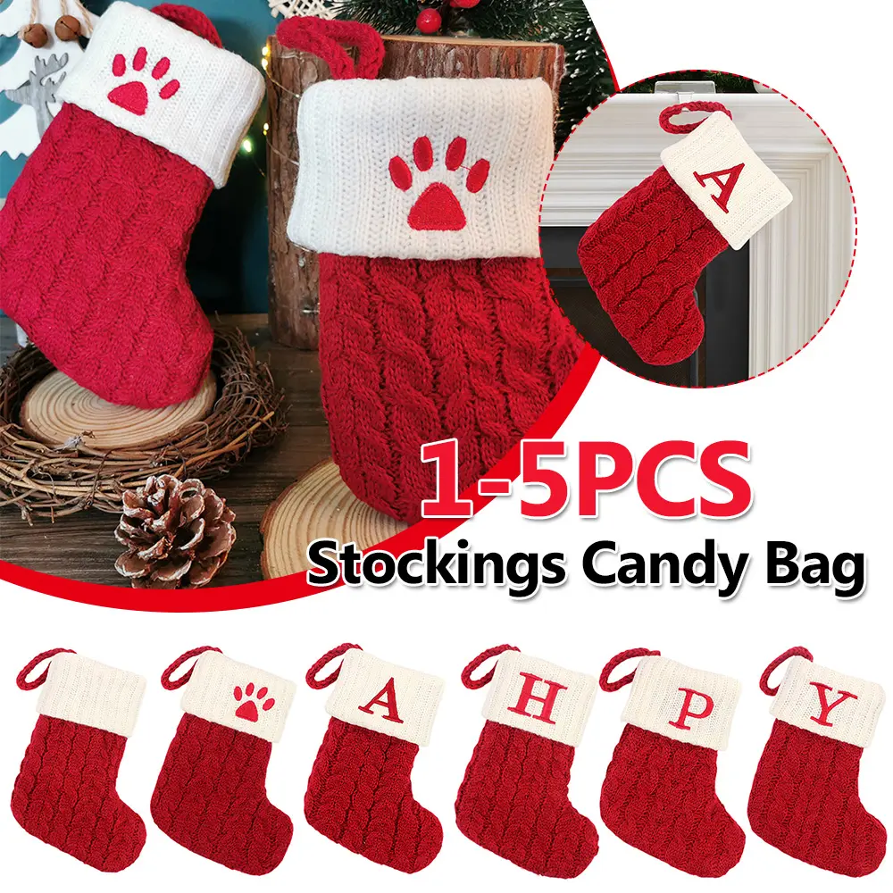 1-5PCS Christmas Stockings Candy Bag with White Cuffs Knitting Mini Stockings Hanging Knitted Socks for Fireplace Decor