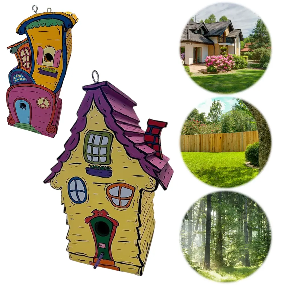 Cartoon Paint Bird Nest with Perch Handmade Wood Birdhouse Breathable Warm Bird Resting Place for Home Garden Patio Decor