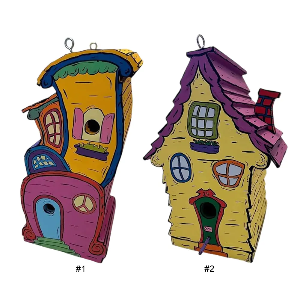 Cartoon Paint Bird Nest with Perch Handmade Wood Birdhouse Breathable Warm Bird Resting Place for Home Garden Patio Decor