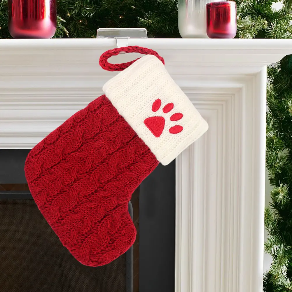 1-5PCS Christmas Stockings Candy Bag with White Cuffs Knitting Mini Stockings Hanging Knitted Socks for Fireplace Decor