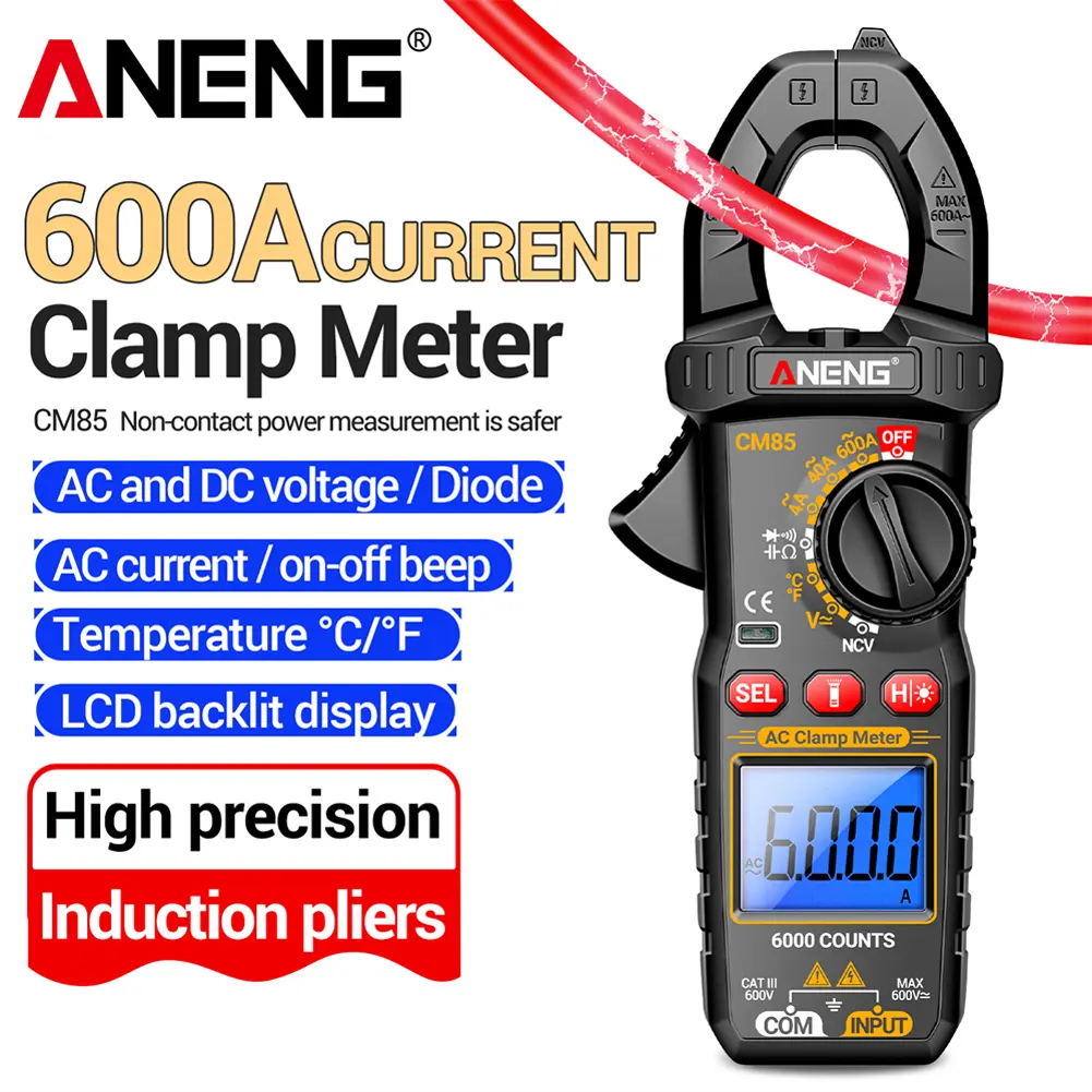 AC/DC Clamp Meter with Cable NCV Voltage Detection Tool Digital Display Professional 600A Digital Multimeter for Home Office Use
