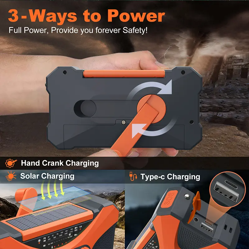 Dual Speaker Stereo Emergency Hand Crank Radio Dual Speaker Rechargeable Weather Radio for Home Outdoor