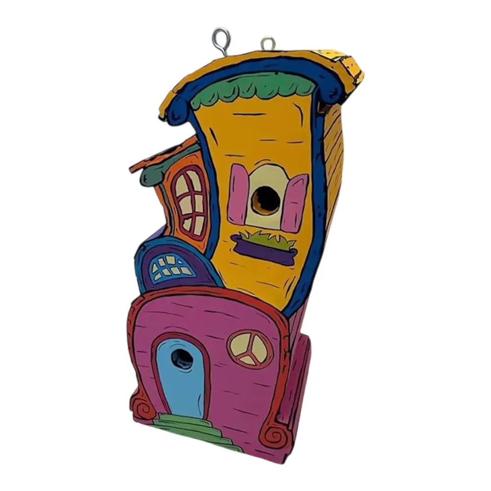 Cartoon Paint Bird Nest with Perch Handmade Wood Birdhouse Breathable Warm Bird Resting Place for Home Garden Patio Decor