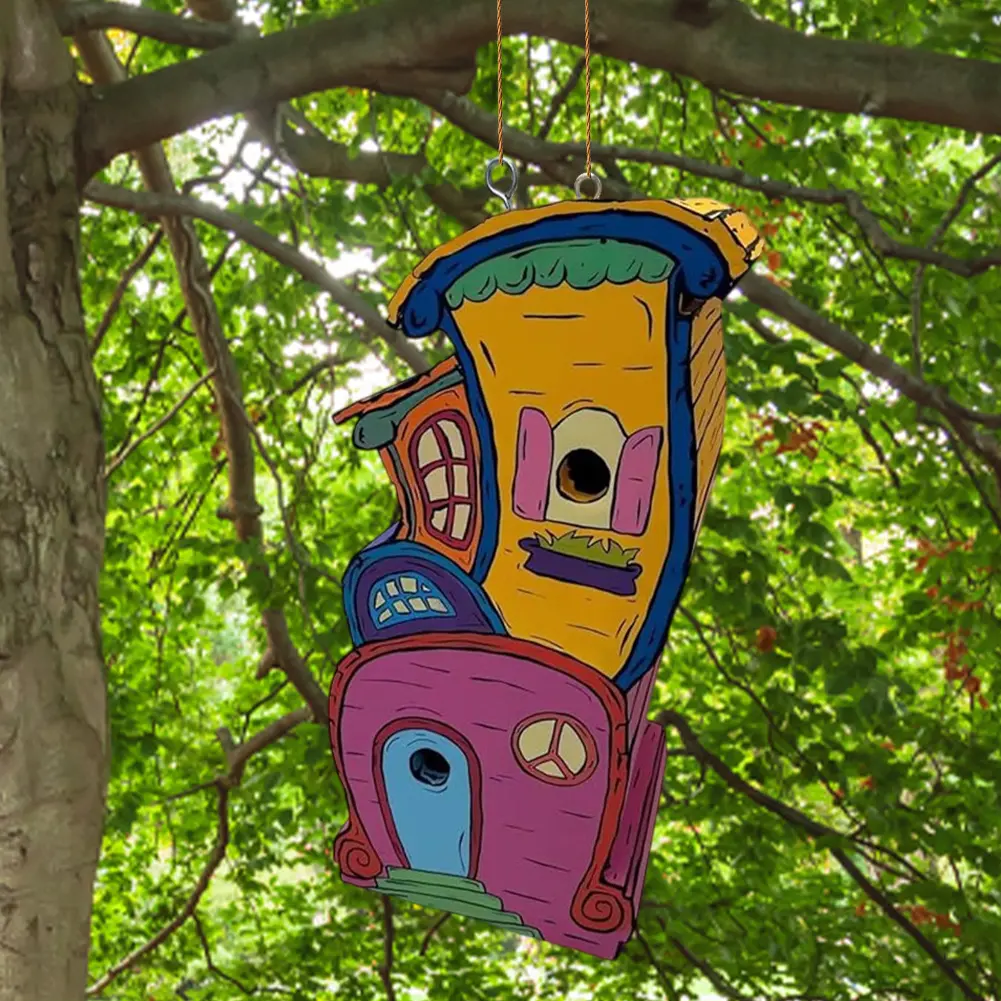 Cartoon Paint Bird Nest with Perch Handmade Wood Birdhouse Breathable Warm Bird Resting Place for Home Garden Patio Decor