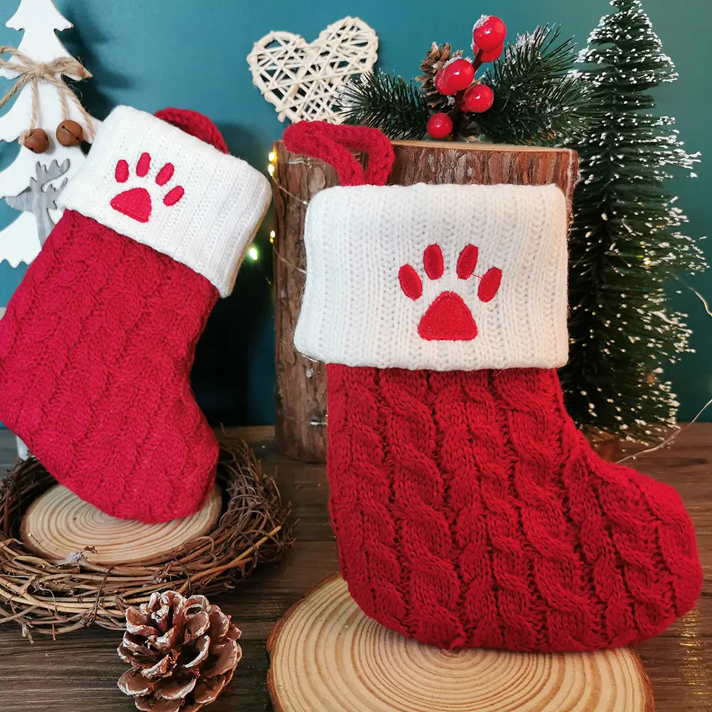 1-5PCS Christmas Stockings Candy Bag with White Cuffs Knitting Mini Stockings Hanging Knitted Socks for Fireplace Decor