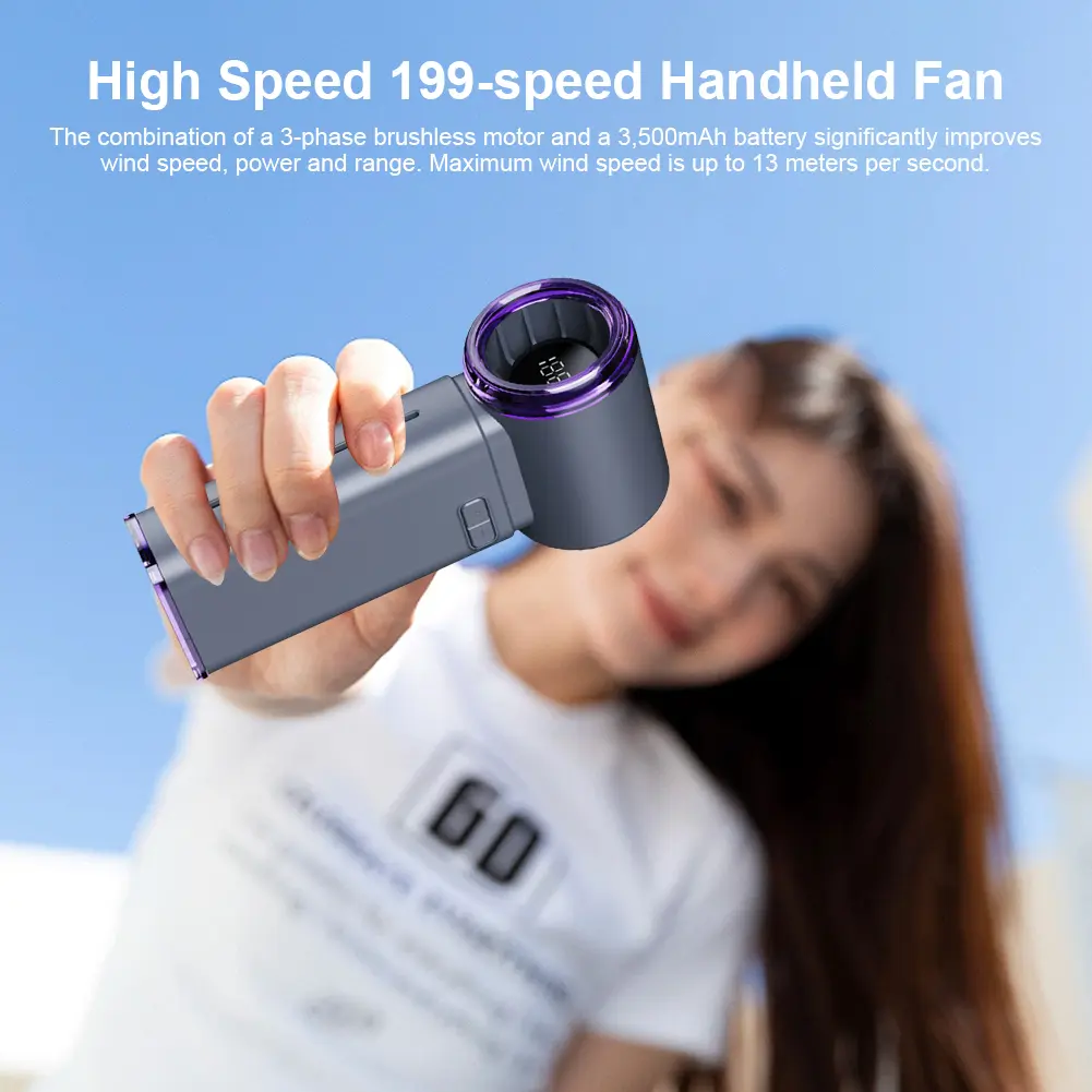 3500mAh Adjustable High-Speed Fan Digital Display 199 Speed Portable Fan USB Rechargeable for Camping Hiking Outdoor Activities
