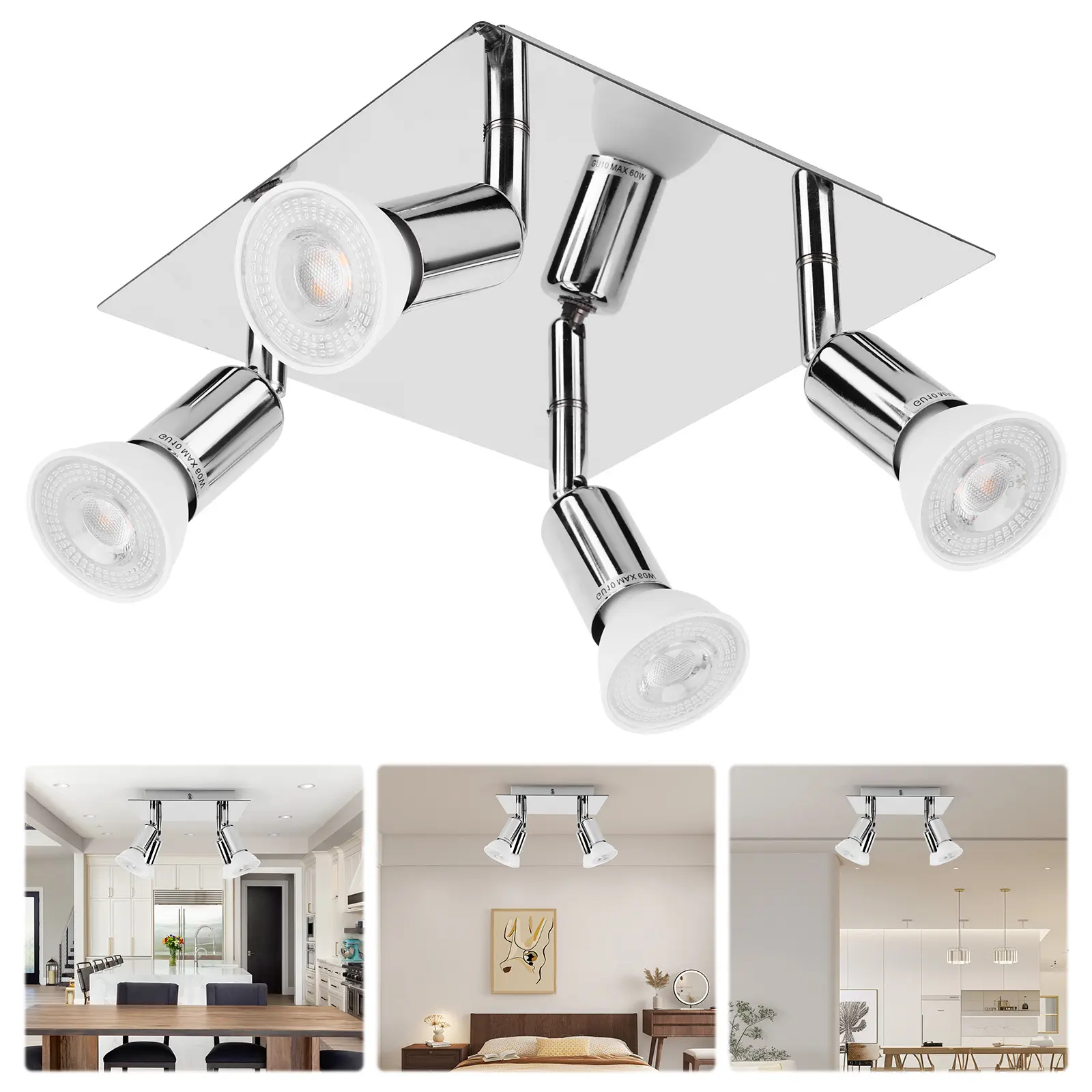 4 Way Square Spot Light Ceiling Spotlight Adjustable Angle Chandelier Lamps Rotatable Ceiling Light for Home Decor