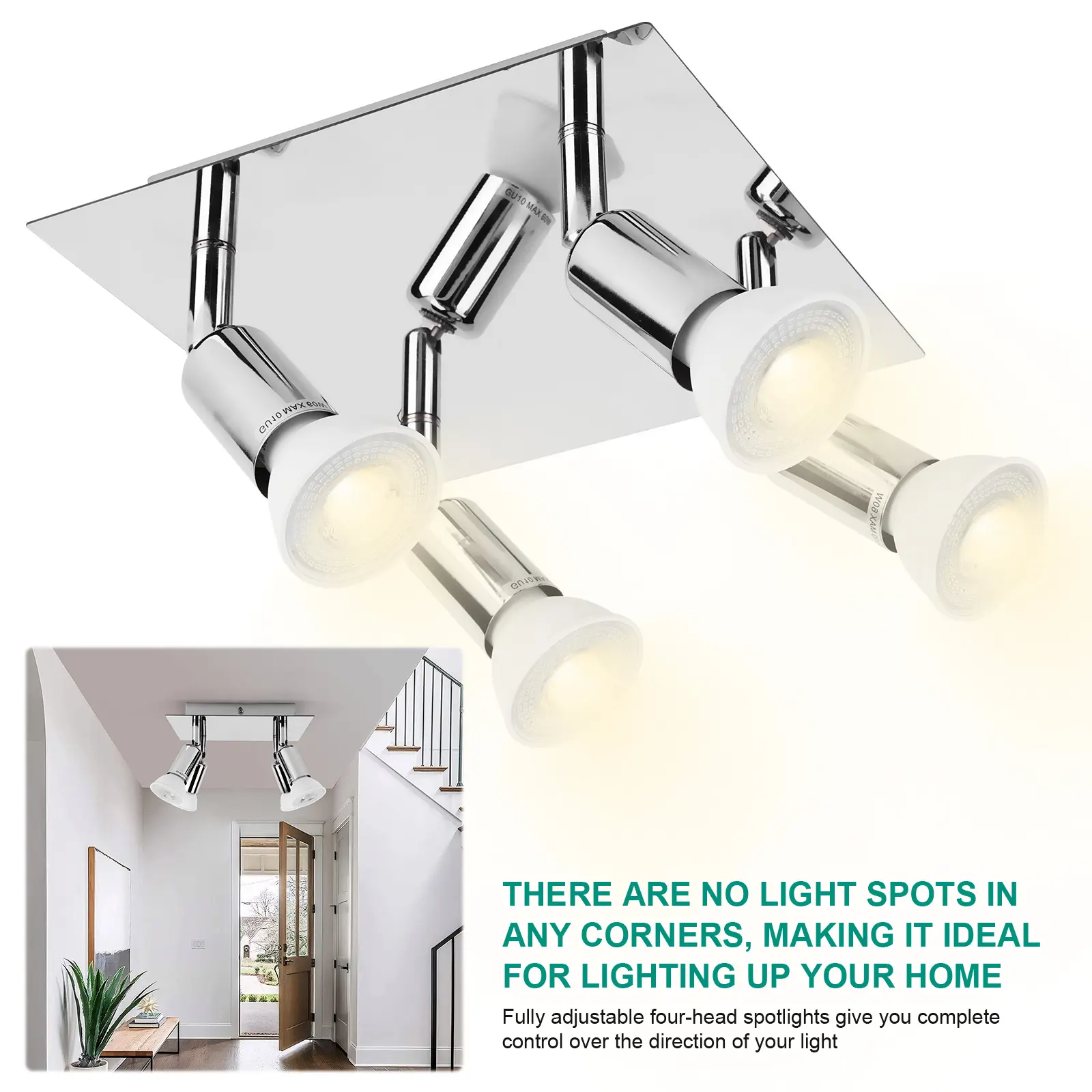 4 Way Square Spot Light Ceiling Spotlight Adjustable Angle Chandelier Lamps Rotatable Ceiling Light for Home Decor