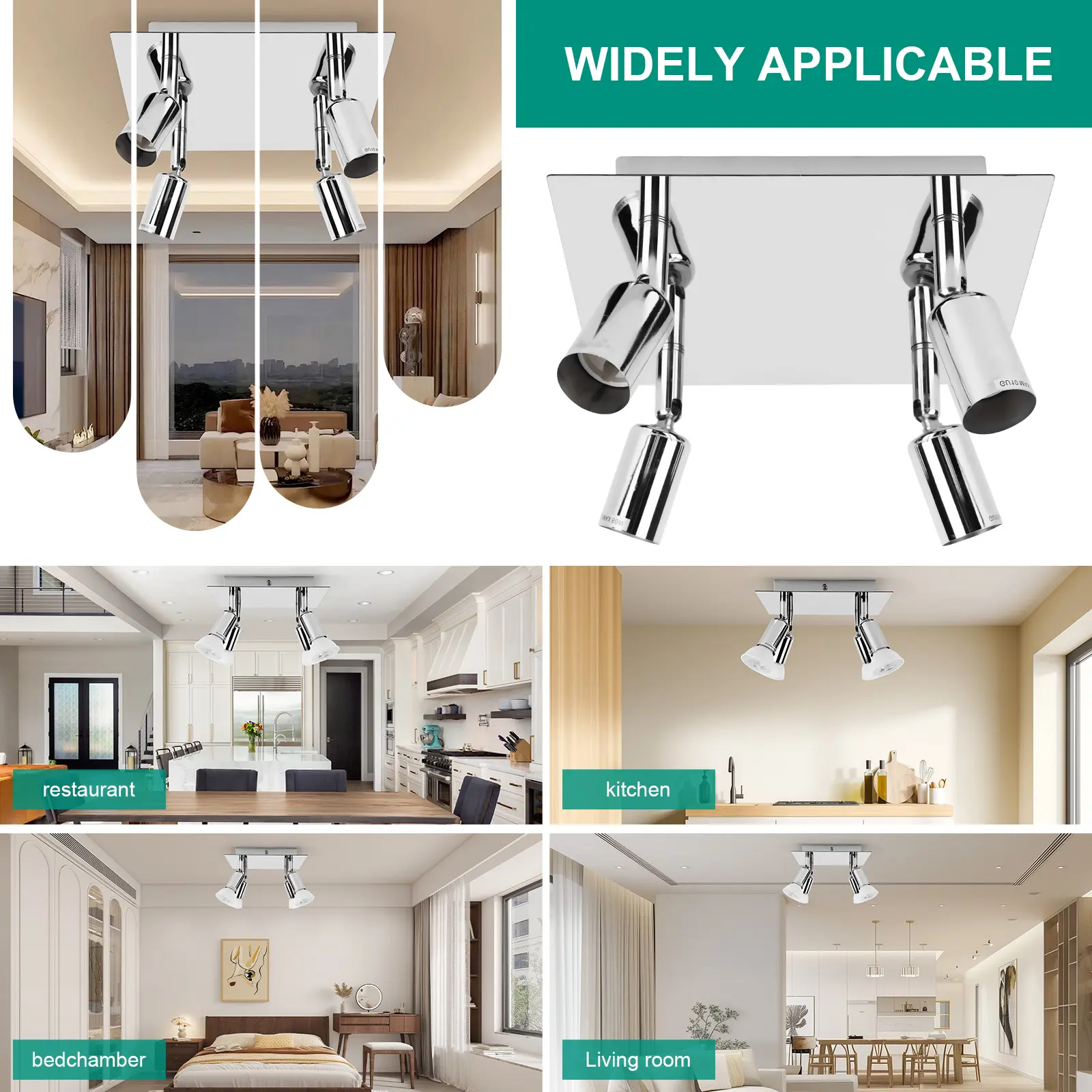 4 Way Square Spot Light Ceiling Spotlight Adjustable Angle Chandelier Lamps Rotatable Ceiling Light for Home Decor