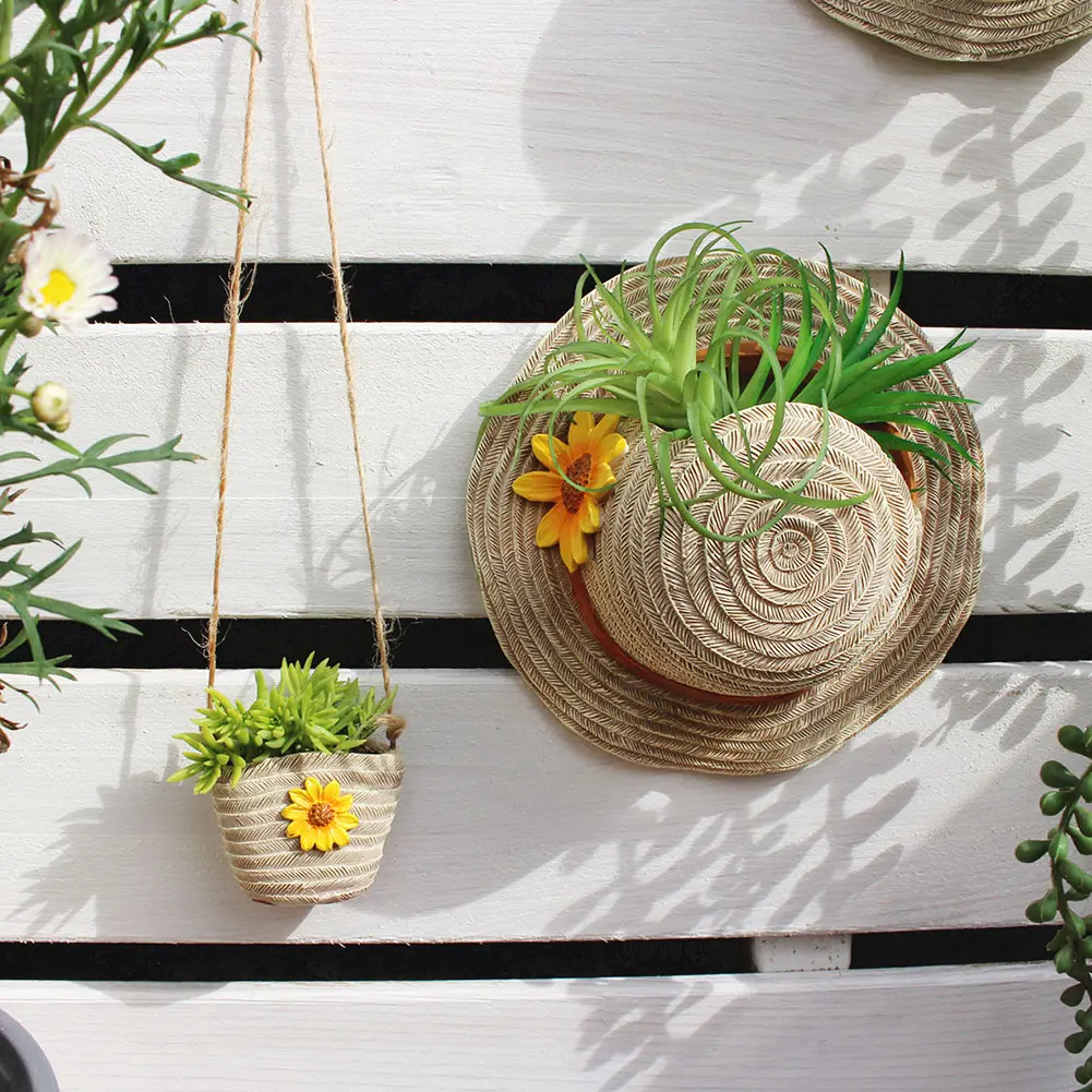 Boho Hat & Bag Planter Imitation Straw Planting Pot Resin Hanging Flower Pot Creative Decorative for Balcony Garden Yard