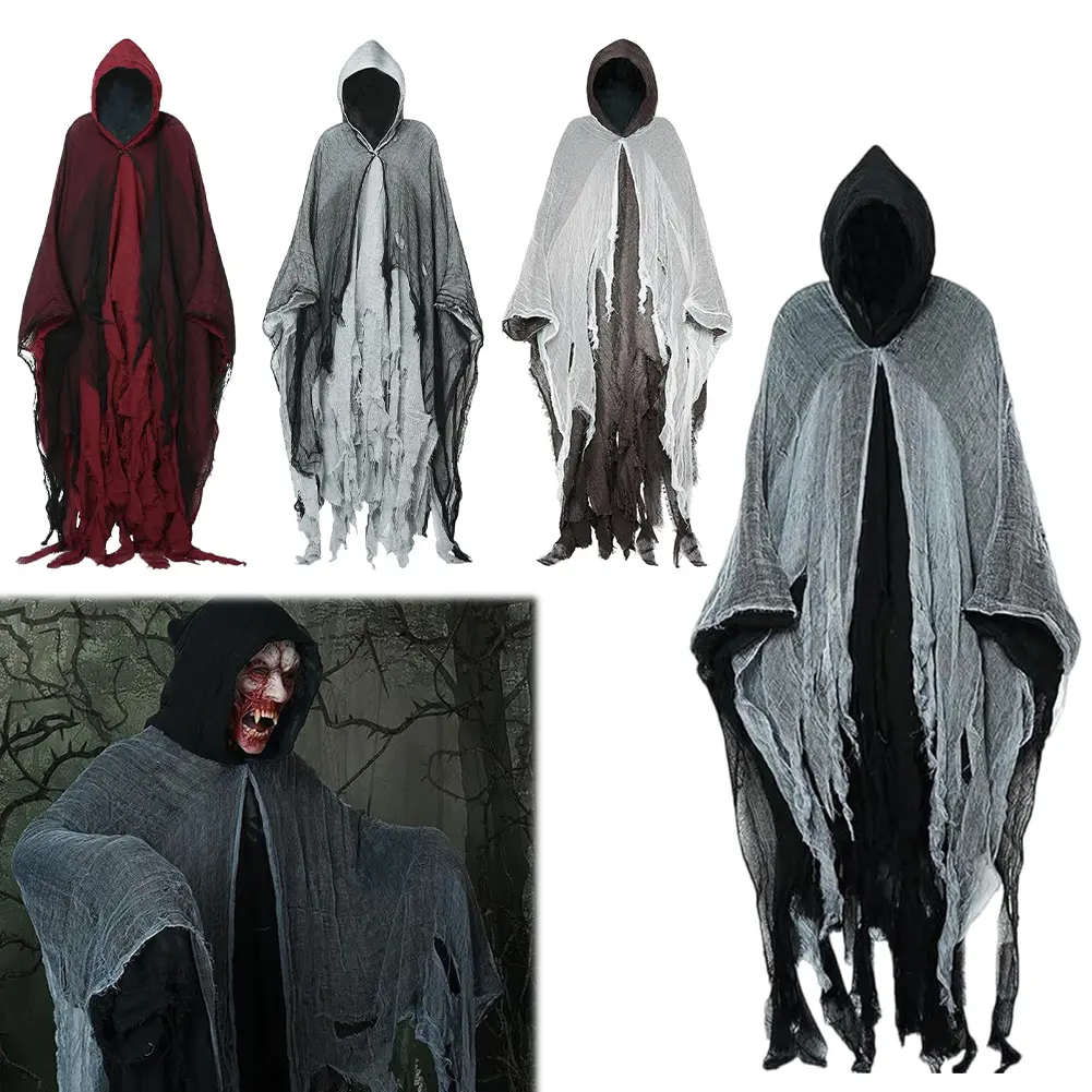 Halloween Ghost Costume Ghost Cape Outfit Ghost Cape with Hood Scary Adult Cloak Cosplay Hooded Robe Party Supplies