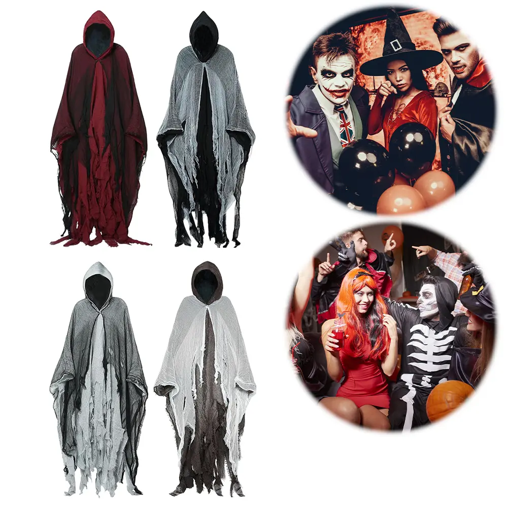 Halloween Ghost Costume Ghost Cape Outfit Ghost Cape with Hood Scary Adult Cloak Cosplay Hooded Robe Party Supplies