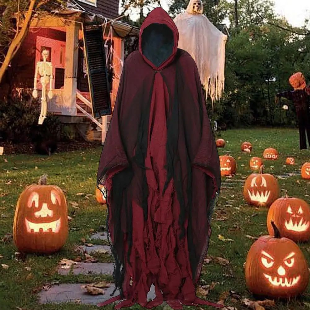 Halloween Ghost Costume Ghost Cape Outfit Ghost Cape with Hood Scary Adult Cloak Cosplay Hooded Robe Party Supplies
