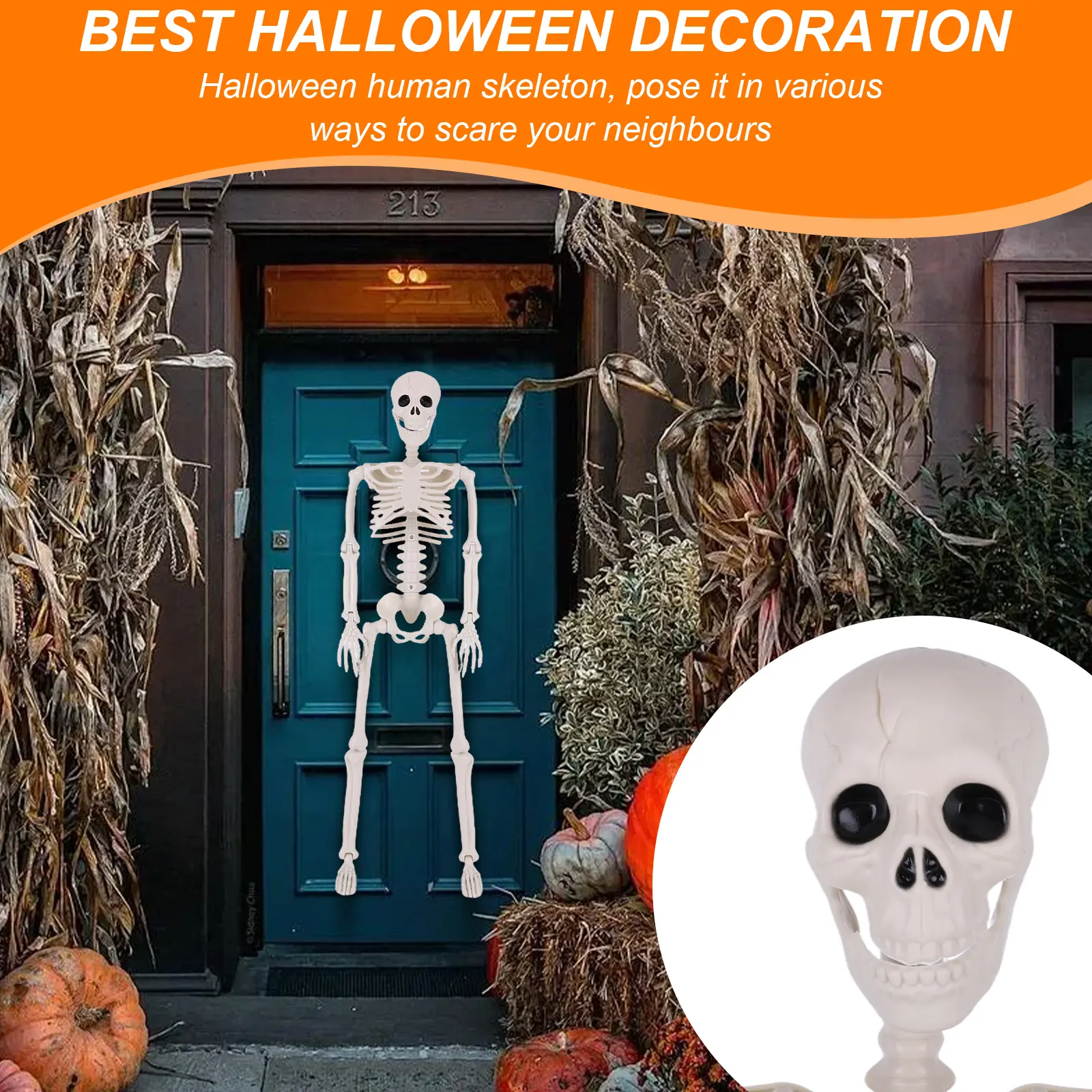 Halloween 90CM Poseable Skeleton Wear Resist Realistic Human Shape Skull Herror Decoration Skull for Home Evil Party Decoration