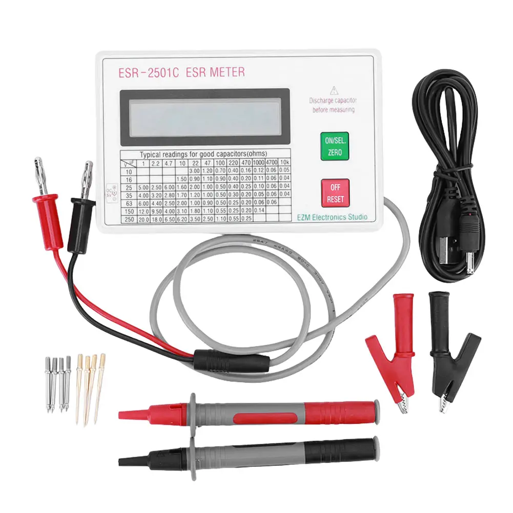 Capacitor ESR DCR Tester Test In Circuit Capacitance Meter W/ Test Leads Clip Battery Circuit Tester Electrical Testing Meter