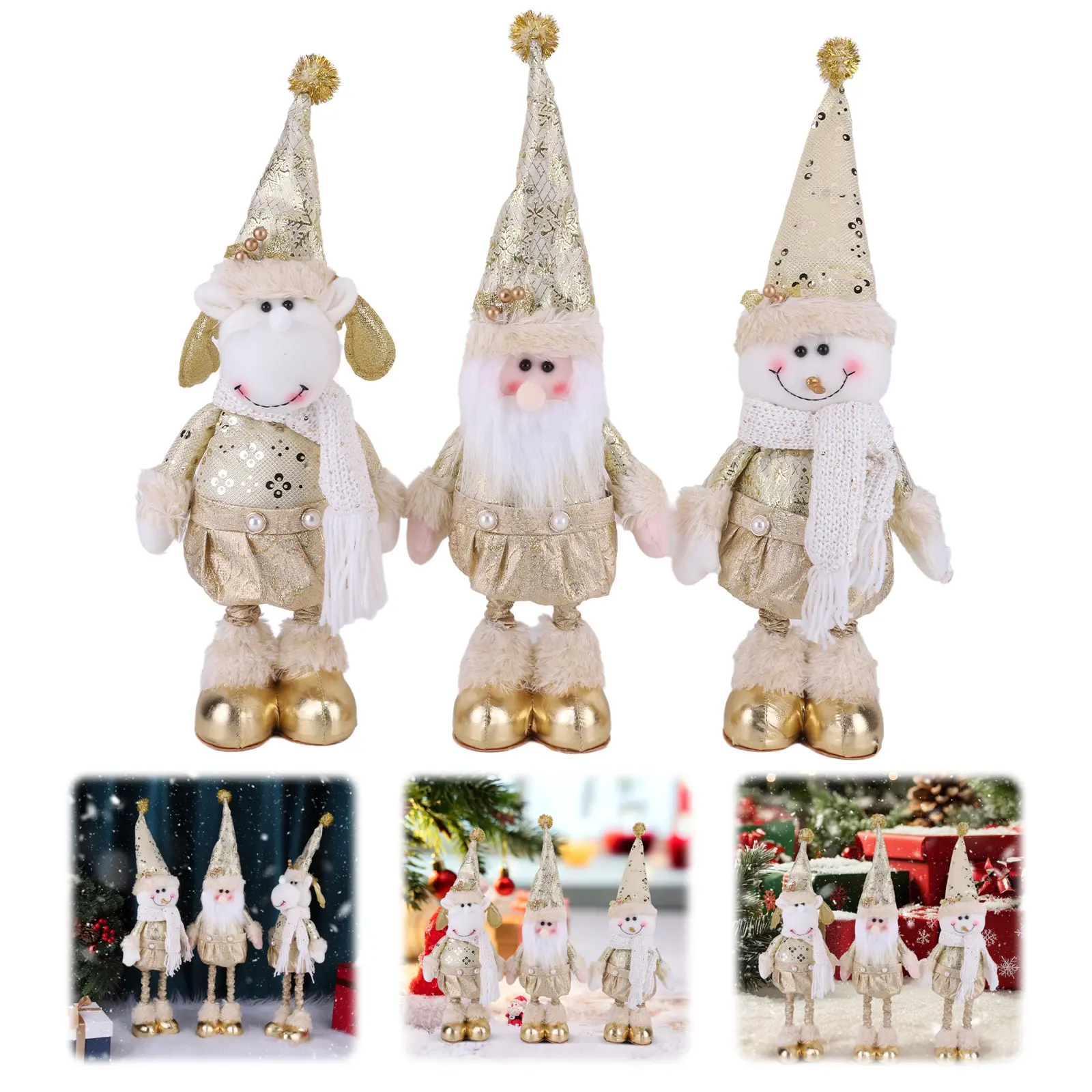 Telescopic Christmas Plush Doll Ornaments Decorative Retractable Santa Claus Figurine Cute Gold Elk Figurines for Holiday Decor