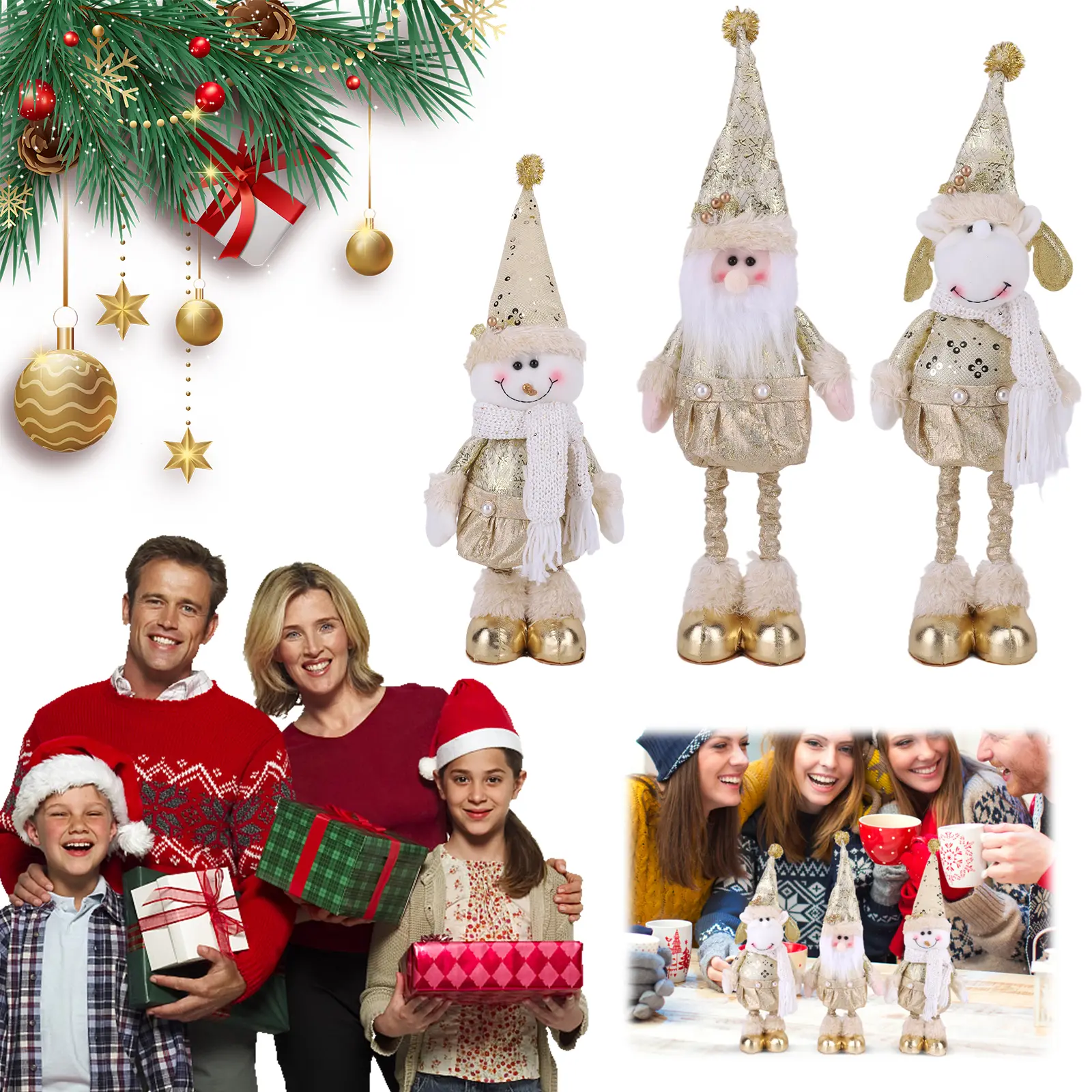 Telescopic Christmas Plush Doll Ornaments Decorative Retractable Santa Claus Figurine Cute Gold Elk Figurines for Holiday Decor