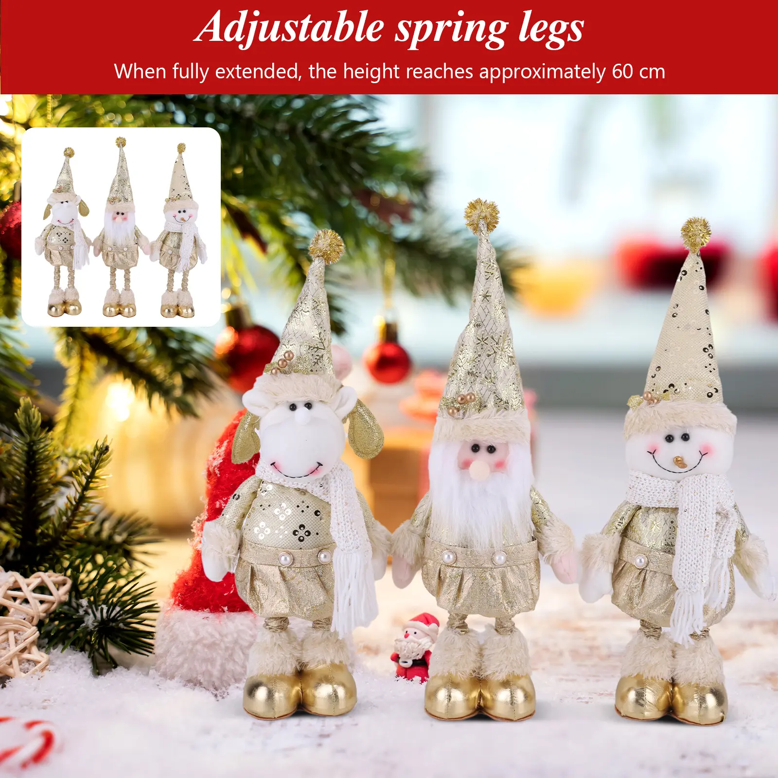 Telescopic Christmas Plush Doll Ornaments Decorative Retractable Santa Claus Figurine Cute Gold Elk Figurines for Holiday Decor