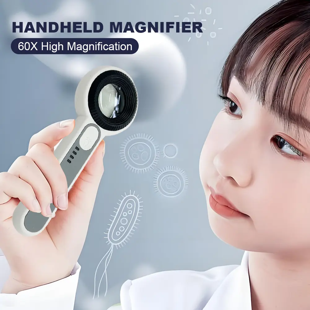 60X Handheld Magnifier Rechargeable Illuminated Magnifying Glass Wear Resist Lighting Book Magnifier for Seniors Reading Repair