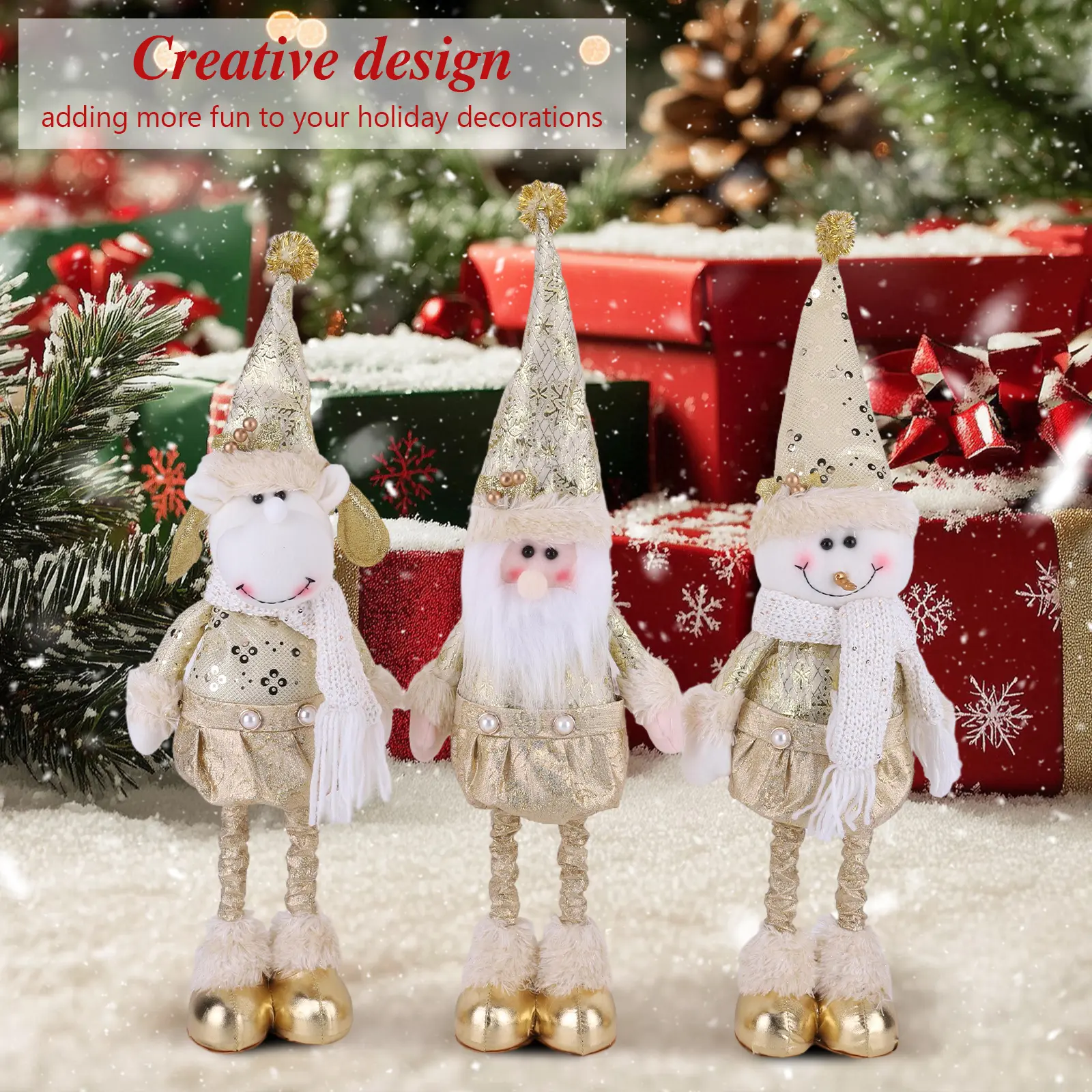Telescopic Christmas Plush Doll Ornaments Decorative Retractable Santa Claus Figurine Cute Gold Elk Figurines for Holiday Decor