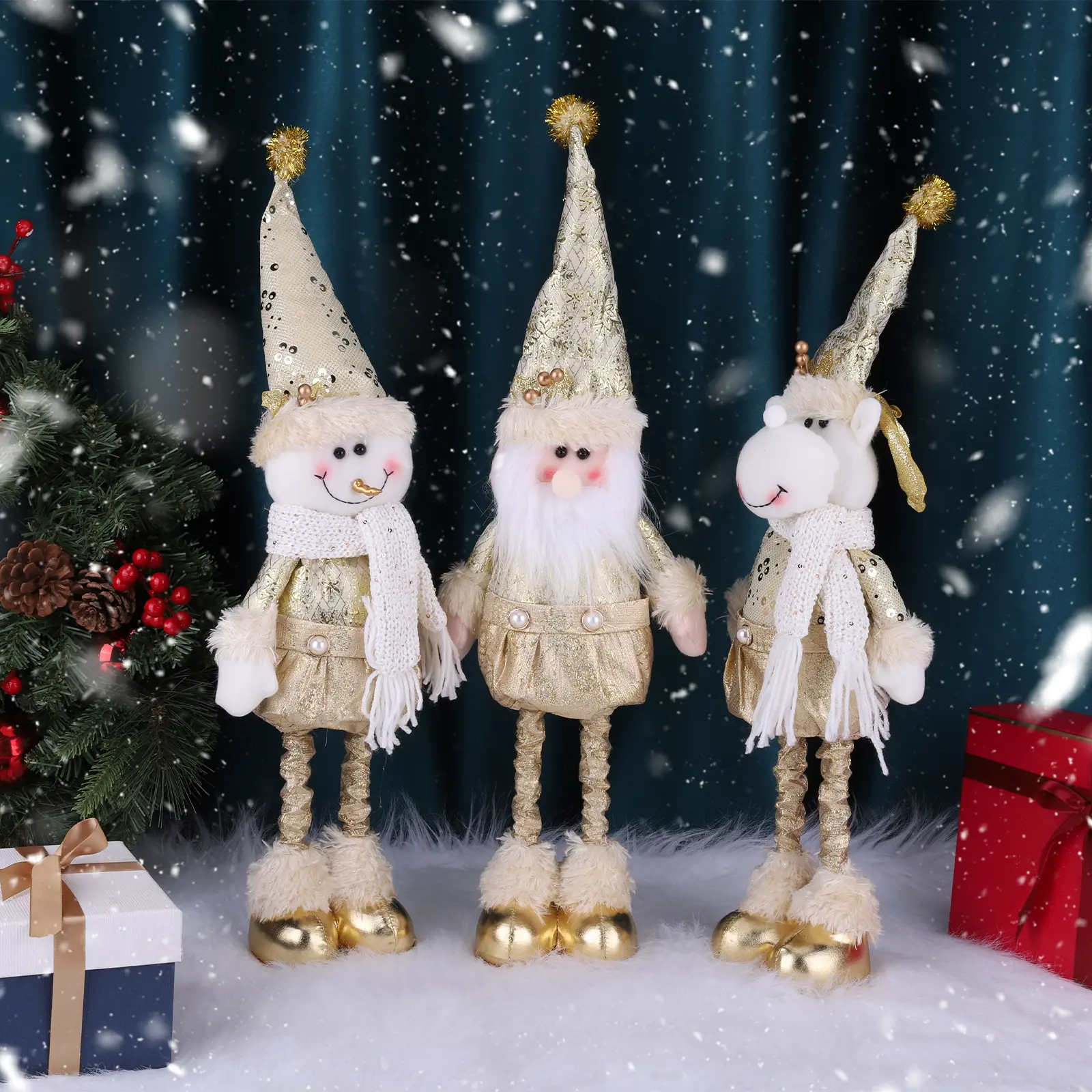 Telescopic Christmas Plush Doll Ornaments Decorative Retractable Santa Claus Figurine Cute Gold Elk Figurines for Holiday Decor
