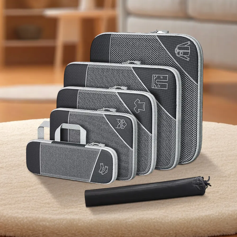 6Pcs Compress Storage Bag with Shoe Bag Expandable Mesh Travel Bag Breathable Compression Packing Cube Set for Trip Home Storage