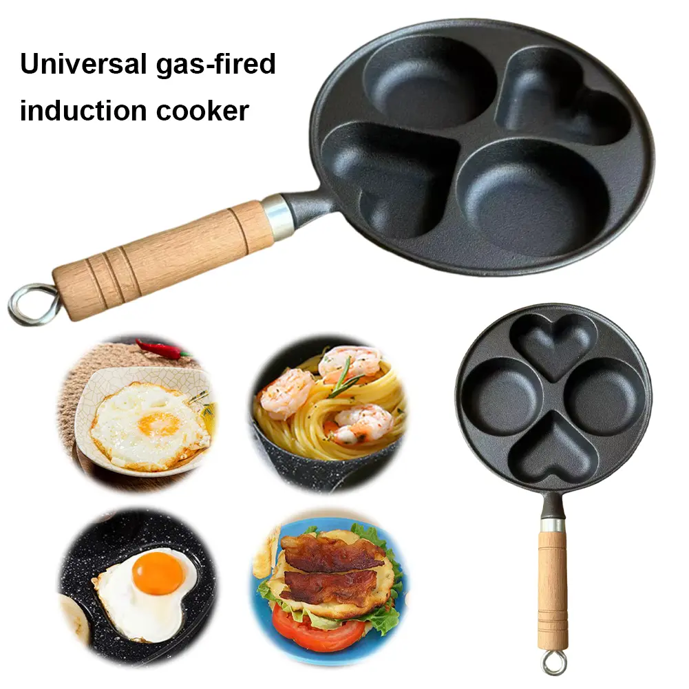 4 Hole Omelet Pan Egg Frying Pan Granite Coating Fried Egg Pan Wooden Handle Cast Iron Pancake Pan Multi-Function for Breakfast