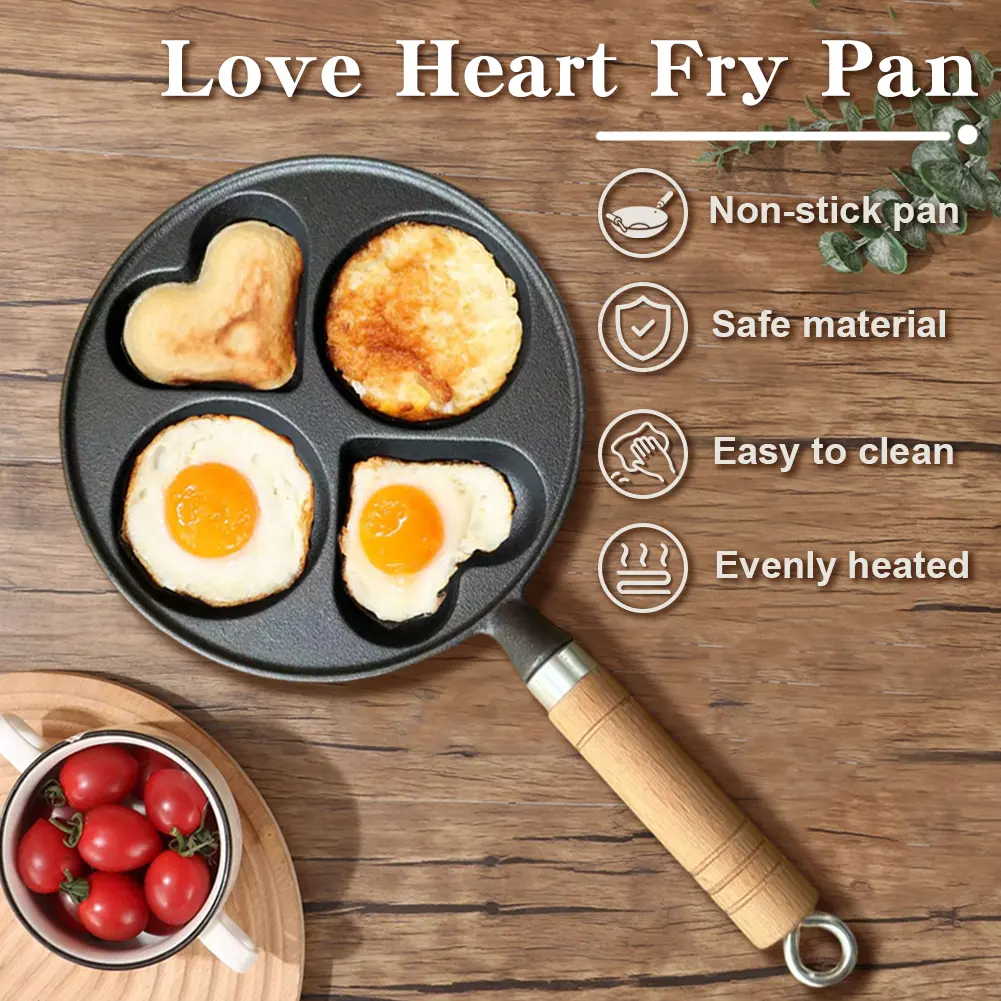 4 Hole Omelet Pan Egg Frying Pan Granite Coating Fried Egg Pan Wooden Handle Cast Iron Pancake Pan Multi-Function for Breakfast
