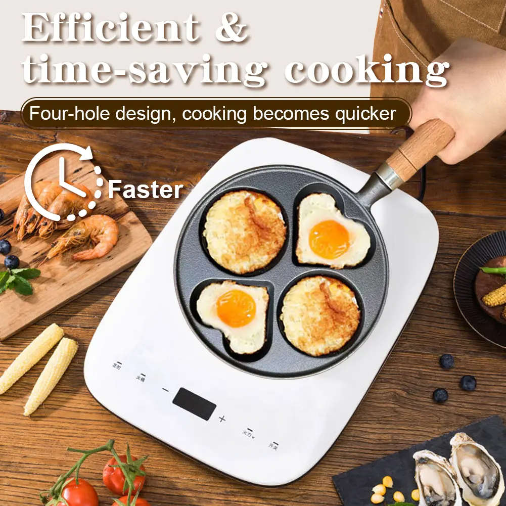 4 Hole Omelet Pan Egg Frying Pan Granite Coating Fried Egg Pan Wooden Handle Cast Iron Pancake Pan Multi-Function for Breakfast