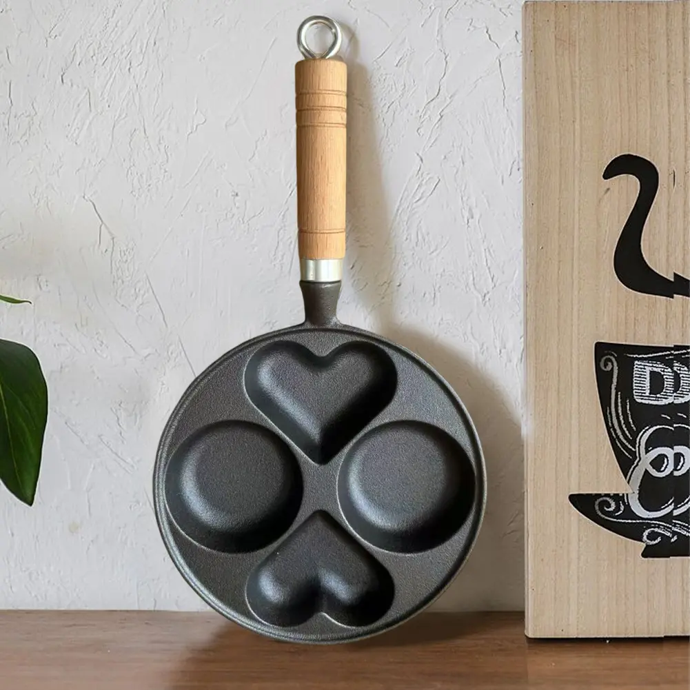 4 Hole Omelet Pan Egg Frying Pan Granite Coating Fried Egg Pan Wooden Handle Cast Iron Pancake Pan Multi-Function for Breakfast