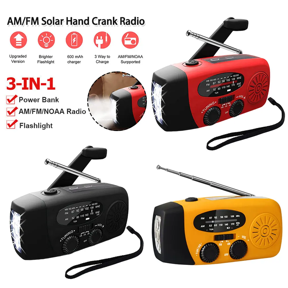 Solar Powered Radio Hand Crank Emergency Radio with LED Flashlight Portable Weather Radio Solar Radio for Camping Travel Outdoor