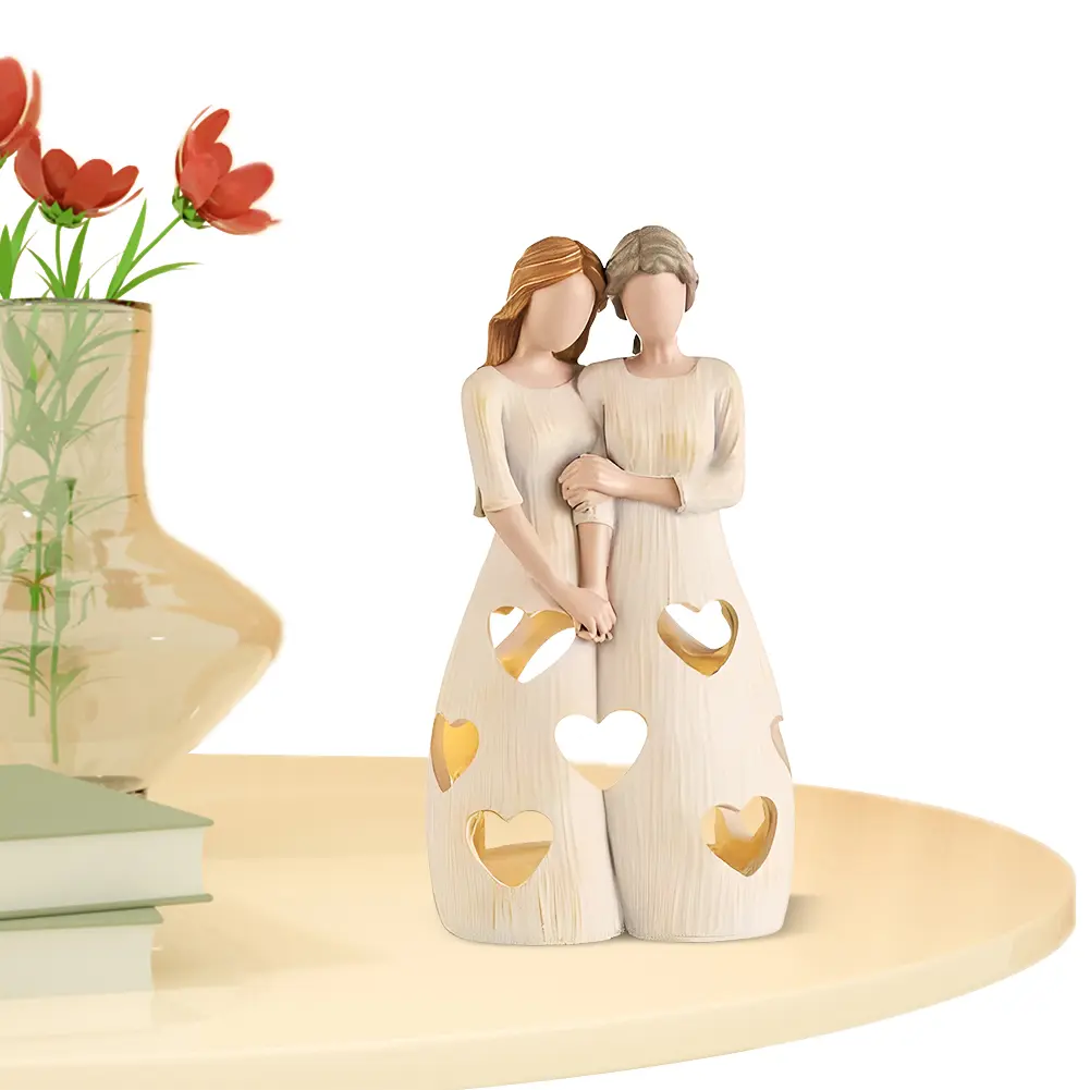 Mothers Day Candle Light Statue with Hollow Heart Desktop Ornament Statue Wear Resist Candlestick Holder for Home Ornament