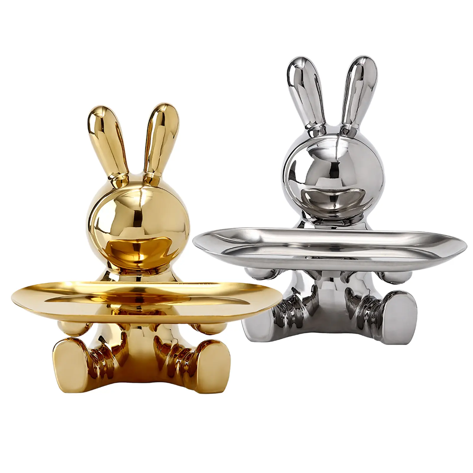 Ceramic Rabbit Statues Storage Tray Christmas Gifts Electroplating Rabbit Figurines Art Ornament Home Decor for Home Living Room