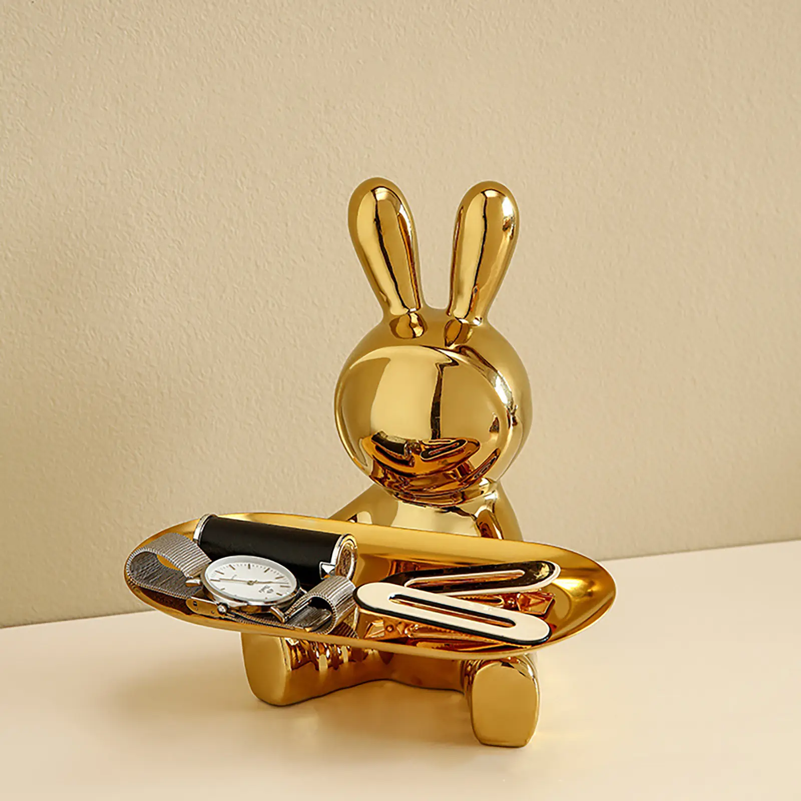 Ceramic Rabbit Statues Storage Tray Christmas Gifts Electroplating Rabbit Figurines Art Ornament Home Decor for Home Living Room