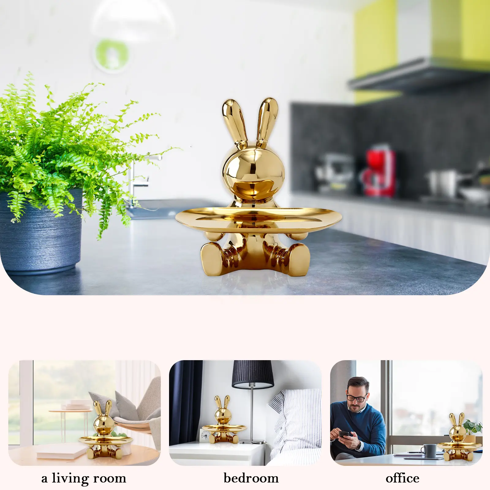 Ceramic Rabbit Statues Storage Tray Christmas Gifts Electroplating Rabbit Figurines Art Ornament Home Decor for Home Living Room
